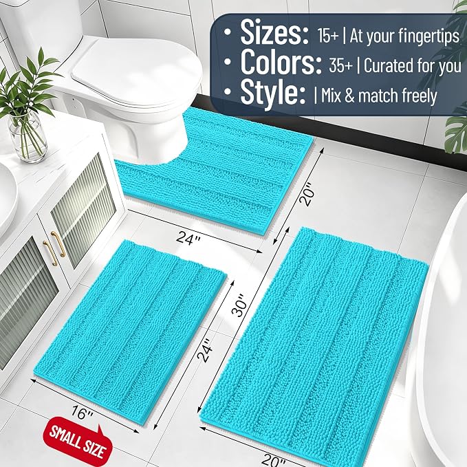 Smiry Thick Chenille Bathroom Runner Rugs 44x24, Extra Absorbent Striped Bath Mat, Machine Washable, Rubber Backing, Long Bath Rugs for Bathroom, Tub & Shower, Home Decor Accessories, Aqua Sky