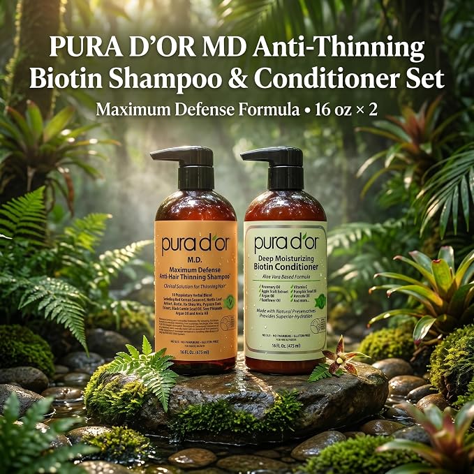 PURA D'OR MD Anti-Thinning Biotin Shampoo & Hair Regrowth Conditioner Set, Maximum Defense Herbal Blend Hair Thickening Products For Women & Men, For Scalp Health, Strong Coal-Tar Scented, 16oz x2