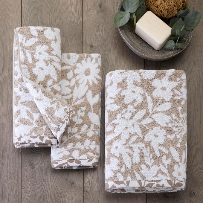 SKL Home Bedford Floral 100% Cotton Premium Bath Towel, 600 GSM, Soft & Absorbent, Reversible Jacquard, Tan