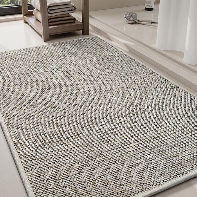 PADOOR Thin Bath Mats, Braided Bath Mats for Bathroom, No-Slip Rubber Backed Bath Rugs, Machine Washable & Quick Dry Absorbent Bathroom Mat (17"x28", Grant Beige)