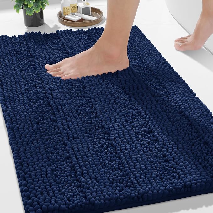 Yimobra Bathroom Rug Mat 32 x 20, Non Slip and Super Absorbent Bath Mat,Machine Washable Quick Dry,Ultra Plush Chenille Shower Rugs for Bathroom Floor Sink Tub and Shower Outside,Navy Blue
