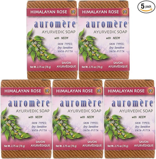 Auromere Ayurvedic Bar Soap, Himalayan Rose - Eco Friendly, Handmade, Vegan, Cruelty Free, Natural, Non GMO (2.75 oz), 5 pack