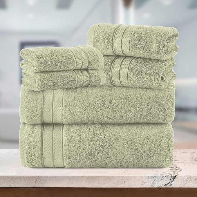Elegant Comfort Luxury 6-Piece Towel Set, Premium Soft 100% Turkish Cotton, Three Line Popcorn Design 2 Bath Towels, 2 Hand Towels and 2 Washcloths Towel Set - Quick-Drying and Absorbent, Jade Green
