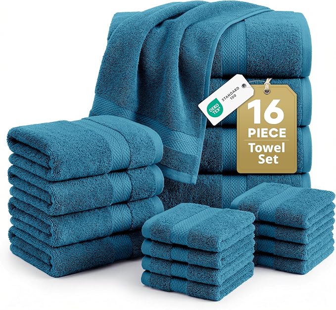 LANE LINEN Luxury Cotton Bath Towel Set of 16 - Soft, Absorbent & Quick Dry - 4 Bath, 8 Washcloths, 4 Hand Towels for Bathroom - OEKO TEX Certified - Smart & Durable Choice for Every Home - Sea Port