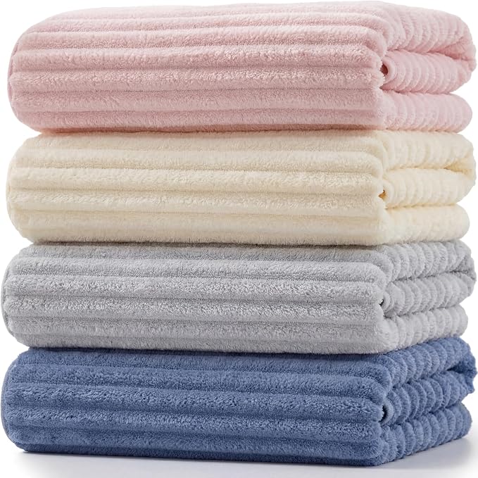 4 Pcs Extra Large Bath Towel Set 40x80'' Oversized Bath Sheet for Adult Microfiber Quick Dry Fluffy Absorbent Blanket with Hanging Loop for Pool Gym Body Shower(Pink, Beige, Gray, Blue)