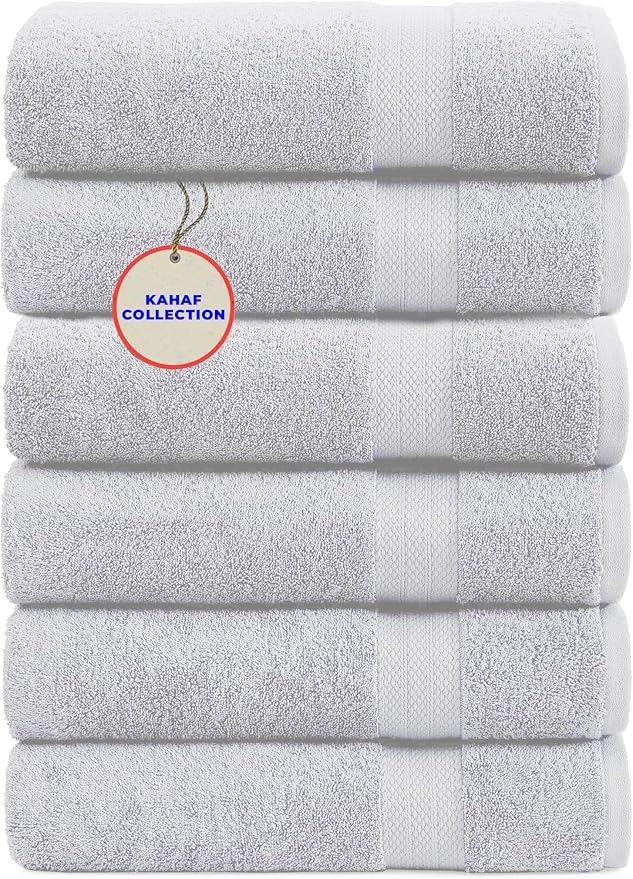 KAHAF COLLECTION 100% Cotton Bath Towel Set, White 24x48 Pack of 6 Towels, Quick Dry, Highly Absorbent, Soft Feel Towel, Gym, Spa, Bathroom, Shower, Pool, Luxury Soft Towels Light-Weight
