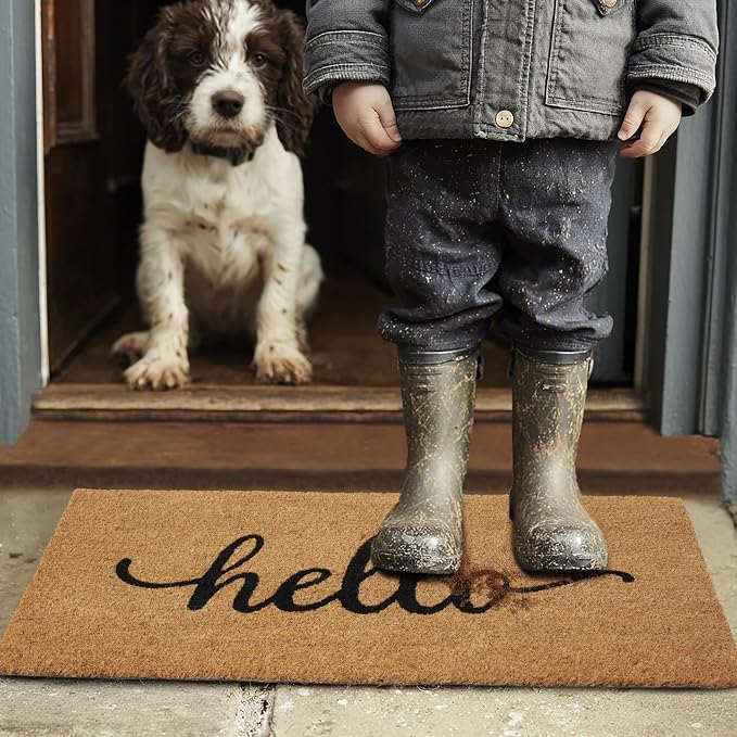 Croft&Cane Hello Welcome Doormat – Non-Slip Coco Coir Door Mat -Low Profile Vinyl Backed Front Door Mat for Indoor & Outdoor Use - Dirt Trapping High Traffic Porch & Patio Entryway - 17 x 30 Inches