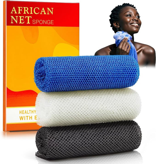 3-Piece African Net Sponge Set - Exfoliating Scrubber for Face/Body Shower, Travel-Portable Design, Long-Lasting, Gentle Exfoliation for All Genders(Black,Blue,White)