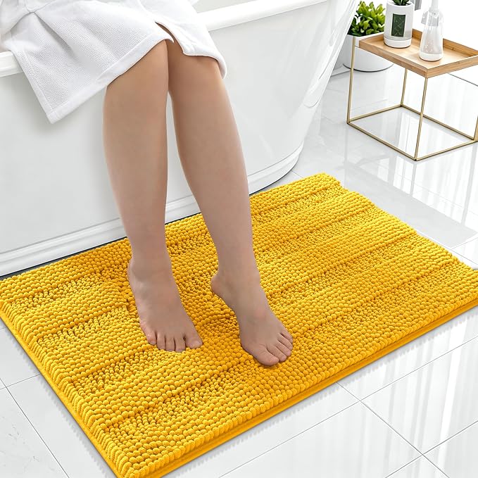 Smiry Thick Chenille Bathroom Rugs 36x24, Extra Soft Absorbent Striped Bath Mat, Machine Washable, Rubber Backing, Bath Rugs for Bathroom, Tub & Shower, Home Decor Accessories, Golden Yellow