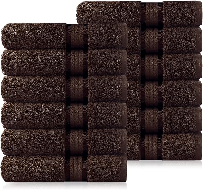 Cotton Craft - 12 Pack - Ultra Soft Extra Large Wash Cloths 12x12 Chocolate - 100% Pure Ringspun Cotton - Luxurious Rayon trim - Ideal for Daily Use - Each Towel Weighs 2 Ounces