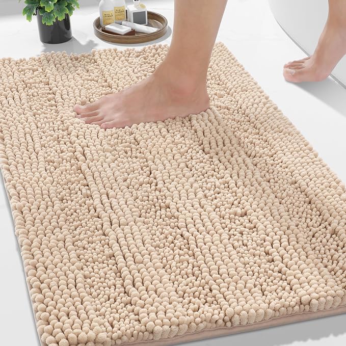 Yimobra Bathroom Rug Mat 32 x 20, Non Slip and Super Absorbent Bath Mat,Machine Washable Quick Dry,Ultra Plush Chenille Shower Rugs for Bathroom Floor Sink Tub and Shower Outside, Beige