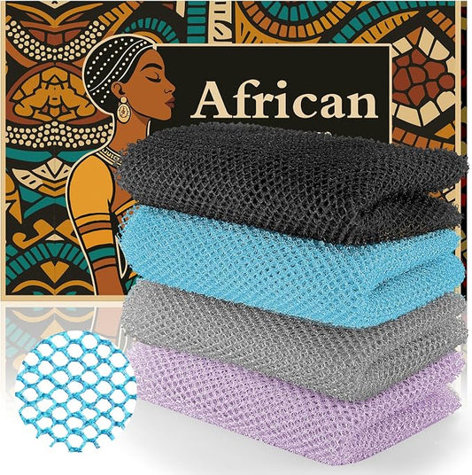 4PCS African Net Sponge - Exfoliating Bath Scrubber for Face/Body, Portable Travel Pack, Durable & Mild Exfoliation(Light Purple,Gray,Sky Blue,Black)