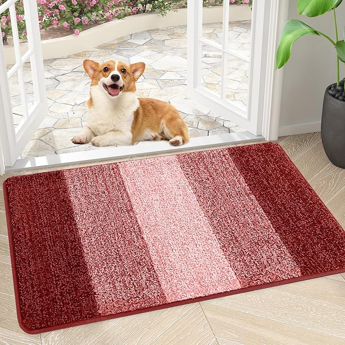 Smiry Dog Door Mat for Muddy Paws, Absorbs Moisture and Dirt, Low-Profile Entryway Mat with Non-Slip Backing, Entry Indoor Outdoor Doormat for Inside Floor (34x21 Inches, Burgundy, Striped)