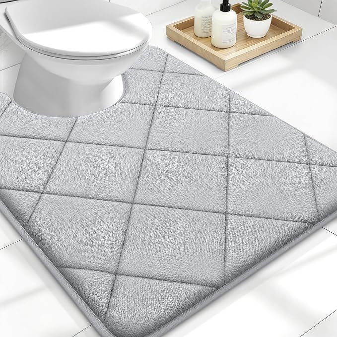 OLANLY Memory Foam Toilet Rugs U-Shaped 24x20, Ultra Soft and Absorbent Bathroom Rugs, Machine Washable Quick Dry, Comfortable Bathroom Contour Bath Mats for Toilet Base, Light Gray