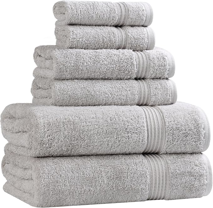 Superior Egyptian Cotton Towel Set, 6-Piece, Bathroom Essentials, Long Staple Combed Cotton, Absorbent, Fast Drying, Silver
