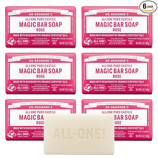 Dr. Bronner's Pure-Castile Magic Soap Bars (Rose, 5 oz, 6-Pack)- Made with Regenerative Organic Certified Oils- For Face, Body & Hair - Gentle, Vegan- Bar Soaps for Men & Women