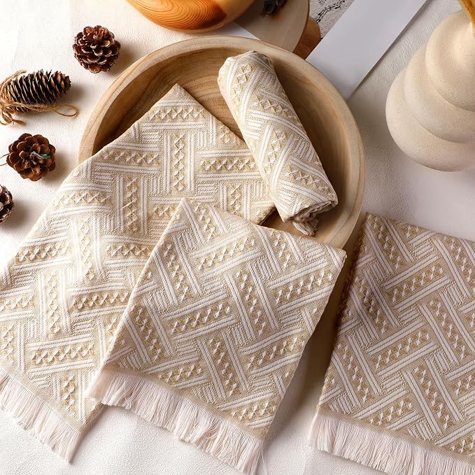 HunnmingRe 4 Pack Boho Hand Towel for Bathroom Kitchen 14x30 Inch 100% Turkish Cotton Summer Boho Decorative Towel Waffle Farmhouse Bathroom Decor Absorbent Soft Guest Gift(Brown,White)