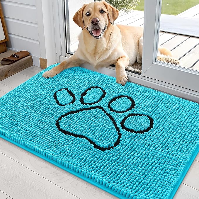 OLANLY Dog Door Mat for Muddy Paws 36x24, Paw Print Design, Absorbs Moisture and Dirt, Absorbent Non-Slip Washable Doormat, Quick Dry Chenille Mud Mat for Dogs, Entry Indoor Entryway Carpet, Aqua Blue