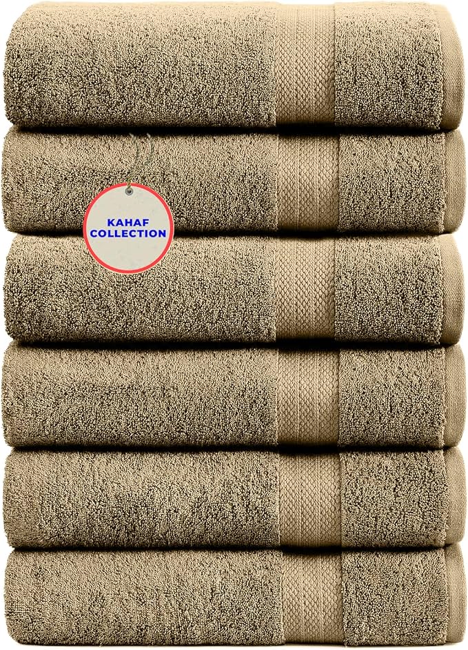 KAHAF COLLECTION 100% Cotton Bath Towels, 24x48 Pack of 6 Towels, Quick Dry, Highly Absorbent, Soft Feel Towel, Gym, Spa, Bathroom, Shower, Pool, Luxury Soft Towels (Beige, 24x48-6 Pack)