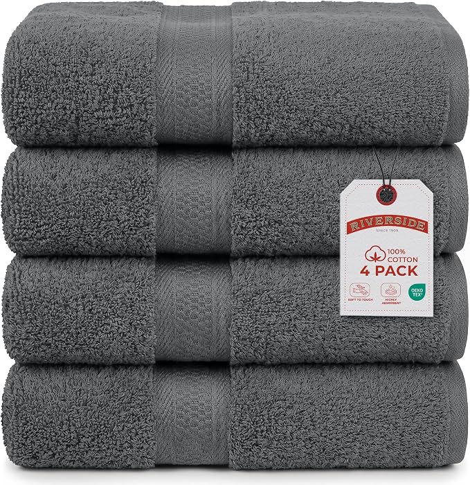 RIVERSIDE 100% Ring Spun Cotton Large Bath Towels Set of 4, 27 x 54 Inches – Quick Dry, Soft & Highly Absorbent Towels for Shower & Bathroom – Luxury 600 GSM Towels for Home, Spa, Gym, Hotel, Gray