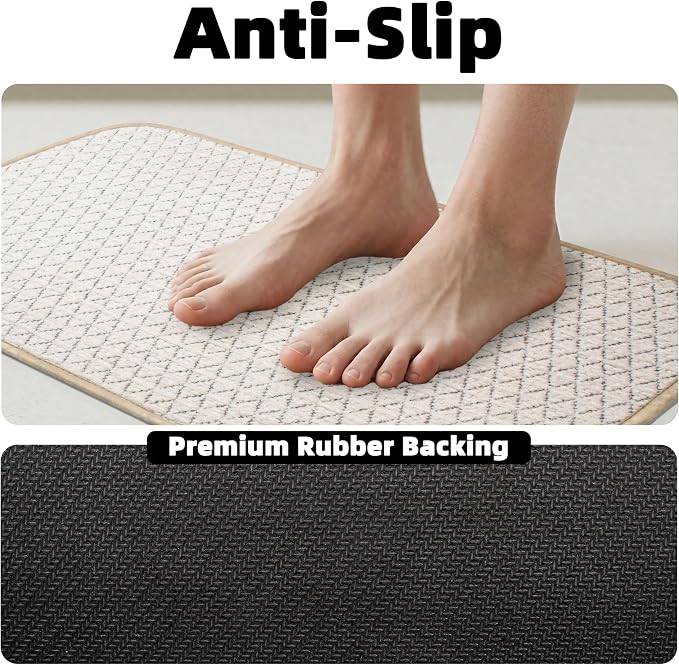 Non Slip Bathroom Rugs with Rubber Backing Super Absorbent Quick Dry Bath Mat Soft Braided Ultra Thin Shower Mat Fit Under Door Floor Bathtub, Easy Care, Machine Washable, 17"x 32", White