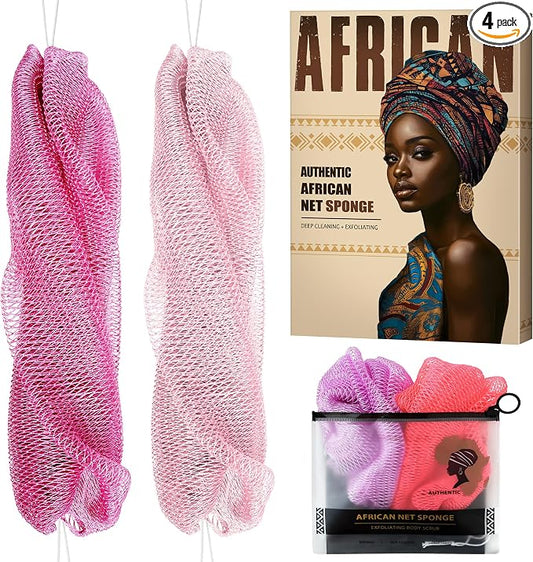 Authentic African Net Sponge with Knots - Afro Scrubber Bath Loofah Exfoliating Net Sponge for Shower - 4 Pack African Bath Sponges Exfoliator for Most Skin Types Back Scrub Washer Accessories
