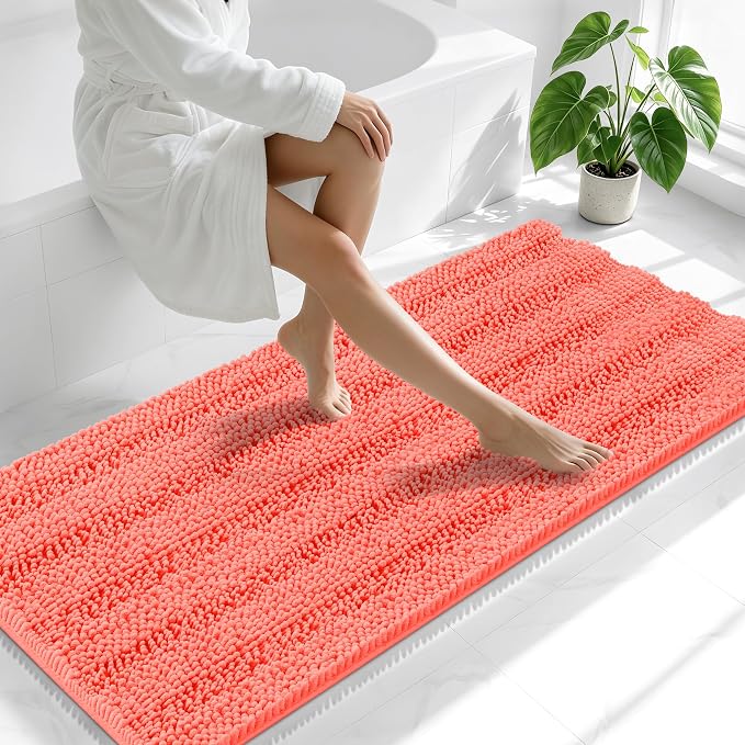 Smiry Thick Chenille Bathroom Runner Rugs 59x24, Absorbent Striped Bath Mat, Machine Washable, Rubber Backing, Extra Long Bath Rugs for Tub & Shower, Modern Home Decor Accessories, Coral