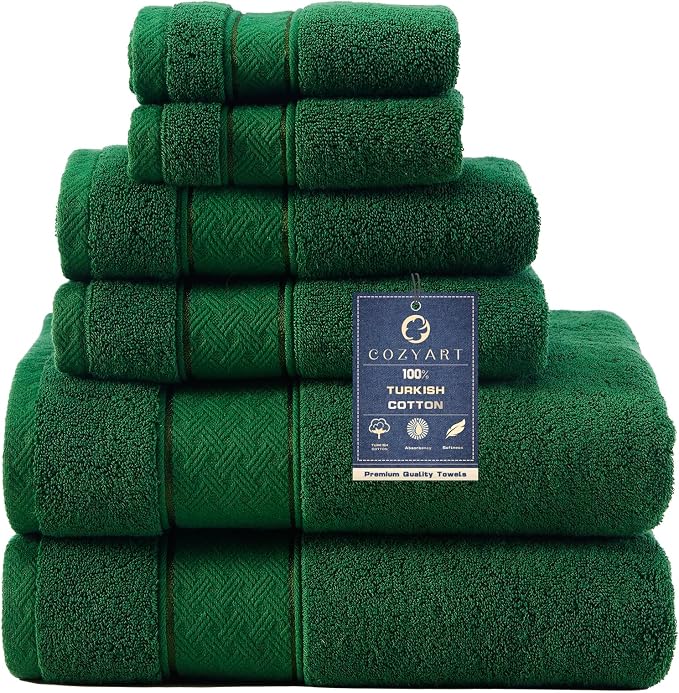 COZYART Formal Green Bath Towel Set 6 Piece, 100% Zero Twist Ring Spun Turkish Cotton 650GSM, Ultra Soft Absorbent Fast Dry Hotel Bathroom Towels