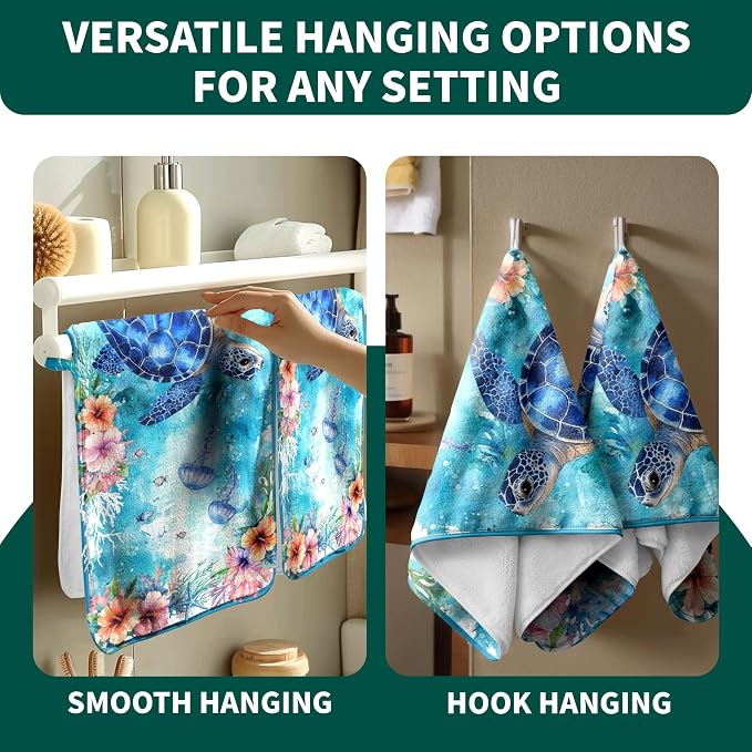 Blue Sea Turtle Hand Towel Ocean Theme Home Kitchen Bathroom Decorative Microfiber Towel Set of 2