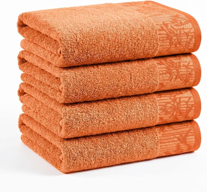 Superior Floral Jaquard Cotton Bath Towels, 4pc Towel Set, Mandarin Orange | Soft Absorbent Quick Dry Terry Weave, Machine Washable Breathable Premium Hotel Quality, Wisteria Towels, Large 4 Bath Towel