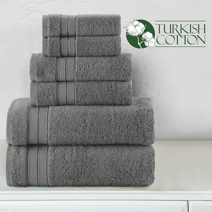 Elegant Comfort Luxury 6-Piece Towel Set, Premium Soft 100% Turkish Cotton, Three Line Popcorn Design 2 Bath Towels, 2 Hand Towels and 2 Washcloths Towel Set- Quick-Drying and Absorbent, Charcoal Gray