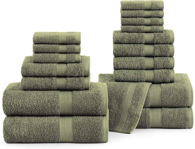 LANE LINEN 100% Cotton Bath Towel Set of 18 - Softer, High Absorbency & Durable - 4 Bath, 8 Wash Cloth, 6 Hand Towels for Bathroom - Premium Look, Spa Quality, Solid Dyed Towels - Oil Green