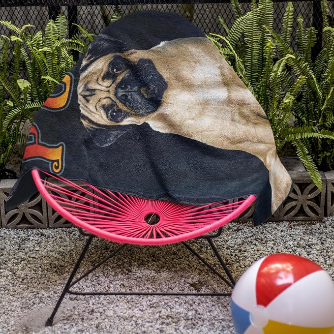 Pug Beach Towel 30”x60” – 100% Cotton Velour, Highly Absorbent, Fast Drying, Easy Pack for Spring Break, Vacation, Beach, Pool, or Sunbathing – Lightweight, Compact for Travel – Cute Pet Novelty Gift