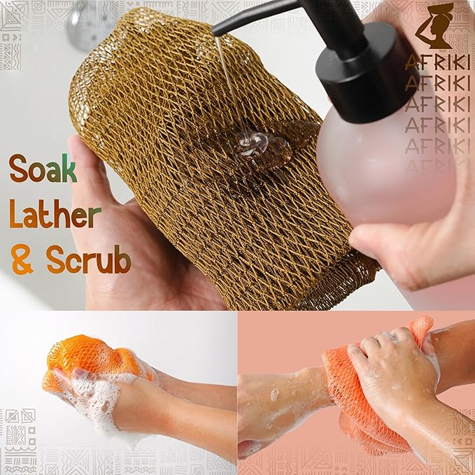 African Net Sponge, Premium Authentic Exfoliating Body Scrubber, Extra Long Stretch Bath Sponge for Shower, Deep Exfoliating Washcloth for Smooth Skin, 1 Pack (Champagne Gold)