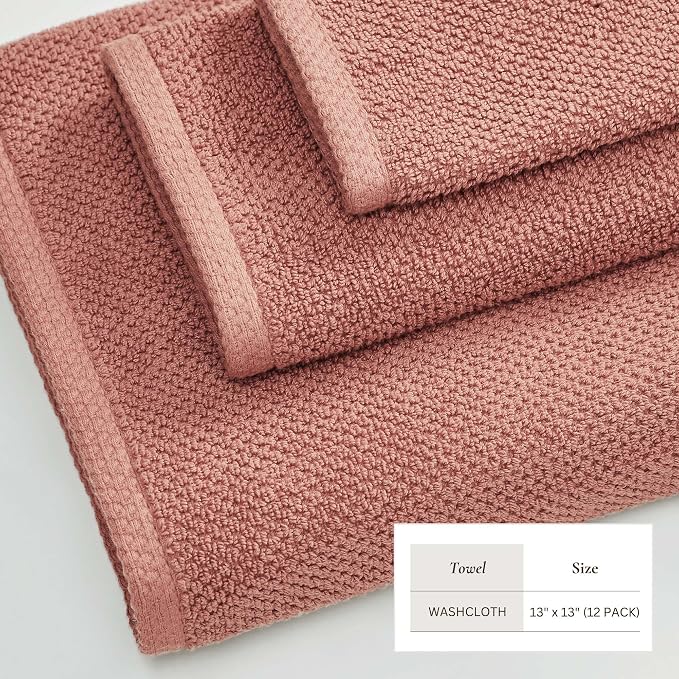 Great Bay Home 100% Cotton 12-Pack 13x13 Wash Cloth - Absorbent, Quick-Drying, Durable Face Towels for Bathroom Decor - Low-Twist, Two-Ply Fibers (Desert Rose)