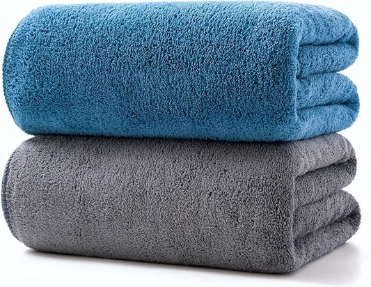 Lumimi 2 Pack Premium Microfiber Bath Towels - Ultra Soft & Quick Dry 55" L x 27" W, Lightweight & Highly Absorbent Blue Dark Grey
