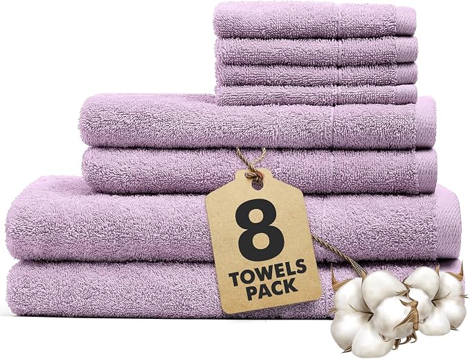 Bath Towels Set of 8 – 100% Ring Spun Cotton (Lilac) Bathroom Towel Set Bale Includes 2 Bath, 2 Hand, 4 Face Towels – 550 GSM Soft, Absorbent & Quick Dry Towel for Bathroom, Spa, Kitchen, Hotel Use