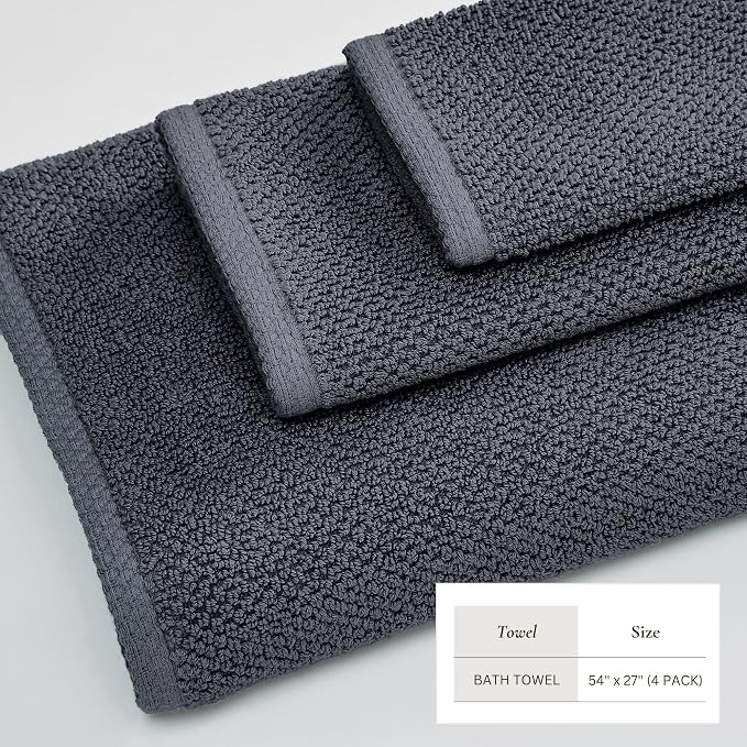 Great Bay Home 100% Cotton 4 Pack 54x27 Bath Towel Set - Absorbent, Quick-Drying, Durable Towels for Bathroom Decor - Low-Twist, Two-Ply Fibers (Stone Blue)