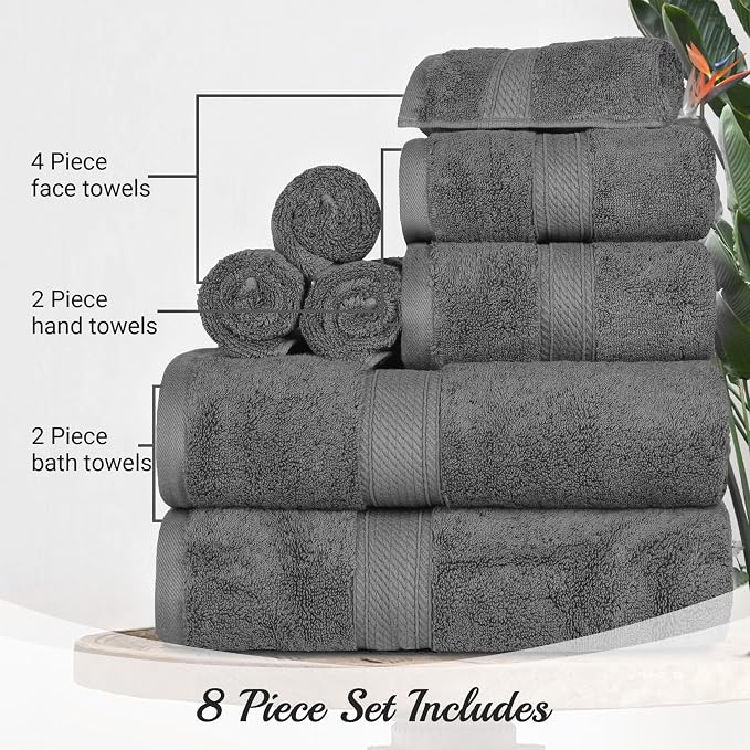SUPERIOR Egyptian Cotton Ultra Plush & Absorbent, 8 Piece Set, Charcoal | Quick Dry, Soft Luxury Towel Set, Bath Essentials, Guest Bath, Spa, 2 Bath, 2 Hand, 4 Face Towels, Madeline Towels