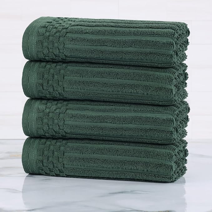 Superior Cotton Hand Towel Set of 4, Daily Use for Bathroom, Kitchen, Guest Bath, Quick Dry Small Towels, Face, Hand, Gym, Spa, Hotel, Absorbent, Essentials, Ribbed, Soho Collection, Forest Green