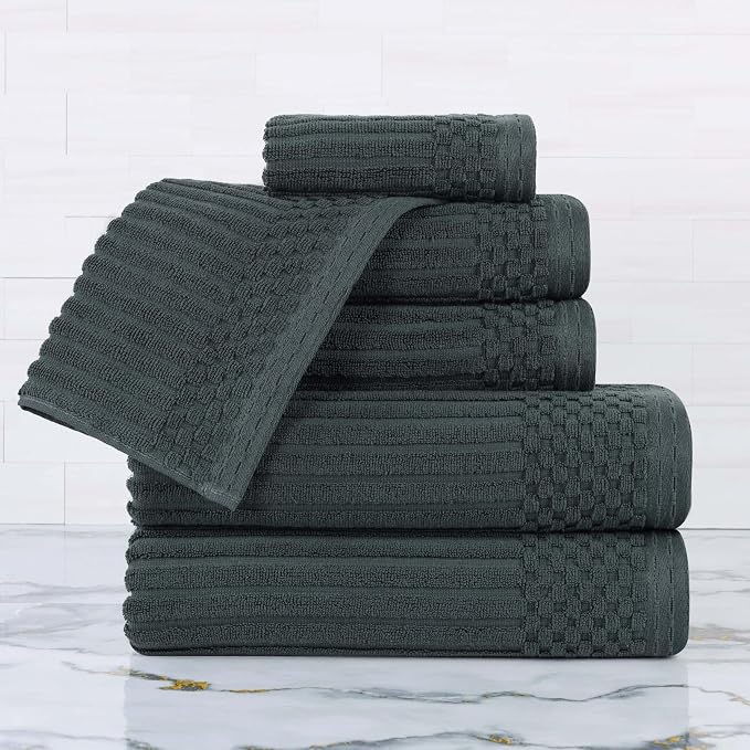 Superior Cotton 6-Piece Solid and Ribbed Towel Set, Face Towels 13” x 13”, Hand Towels 16” x 28”, Bath Towels 27” x 54”, Pine by Superior