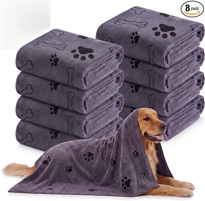 Chumia 8 Pcs Microfiber Dog Towels for Drying Dogs Cats 55 x 28 Inch Pet Towels Bulk for X-Large Puppy Absorbent Fast Drying Paw Bath Bathing Supplies for Pets(Dog Paw and Bone, Gray)