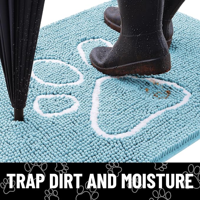 Smiry Dog Door Mat for Muddy Paws, Absorbent Dirt Trapper Non Slip Quick Dry Washable Chenille Mat for Mud Dogs, Entry Rug for Indoor and Outdoor (24x16 Inches, Sky Blue and White)