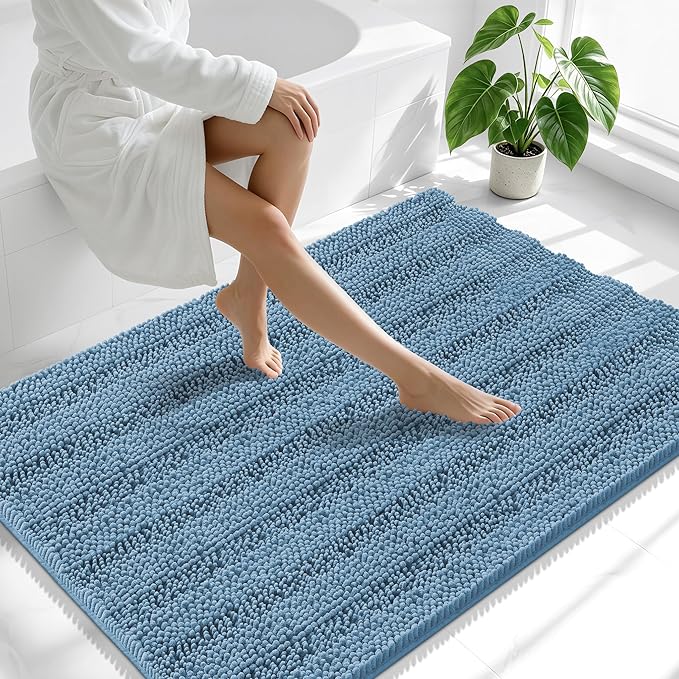 Smiry Thick Chenille Large Bathroom Rugs 44x32, Extra Soft Absorbent Striped Bath Mat, Machine Washable, Rubber Backing, Bath Rugs for Bathroom, Tub & Shower, Home Decor Accessories, Airy Blue
