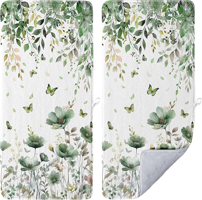 Sage Green Leaves Hand Towels Butterfly Floral Absorbent Microfiber Towel for Bathroom
