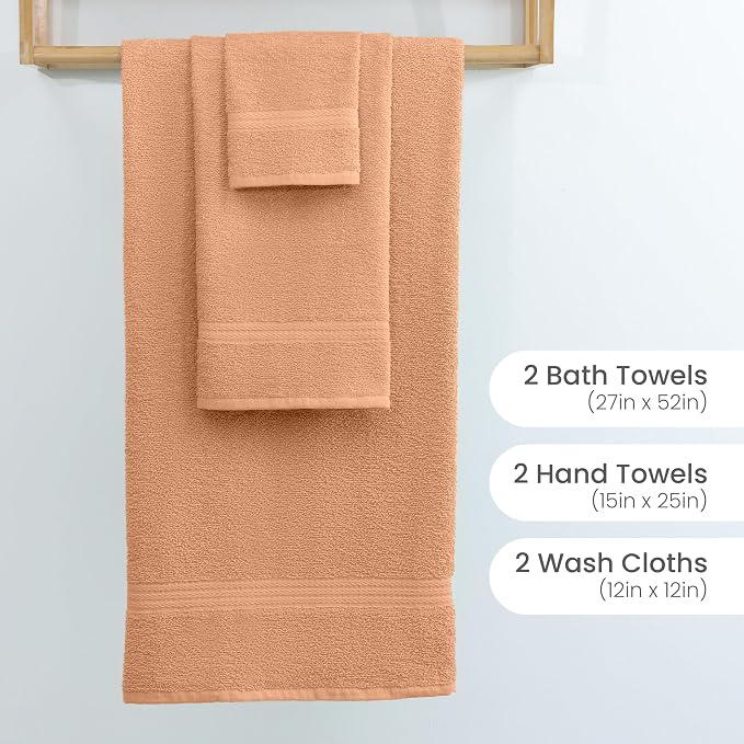 Martex Easy Living Everyday 6-Piece Bathroom Towel Set, Peach | 2 Bath Towels, 2 Hand Towels, 2 Wash Cloths, 100% Cotton, Soft, Quick-Dry