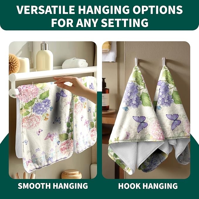 Vintage Hydrangea Flower Hand Towel High Absorbent Pattern Fleece Bathroom Towels Set of 2