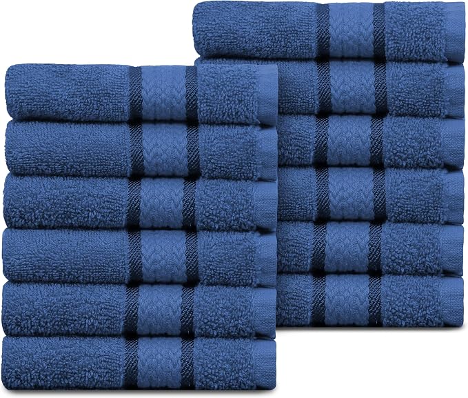 COTTON CRAFT Ultra Soft Washcloths - 12 Pack Luxury Washcloths - 100% Cotton Plush Absorbent 580 GSM Face Towels - Machine Washable Quick Dry Durable Wash Cloth Set - Bathroom Spa Gym Skincare - Blue