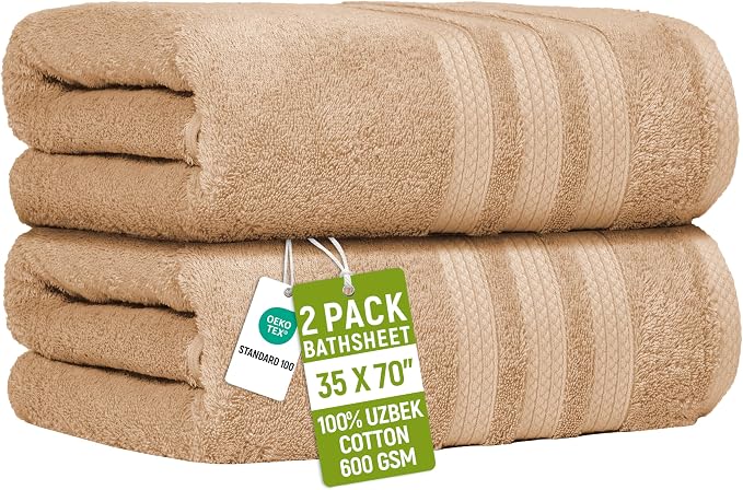 Bath Sheets 2 Pack Extra Large 35 x 70 Inches 600 GSM 100% Ring Spun Combed Uzbek Cotton Bath Towels Oeko-TEX Certified Soft Highly Absorbent Quick Dry – Desert Beige