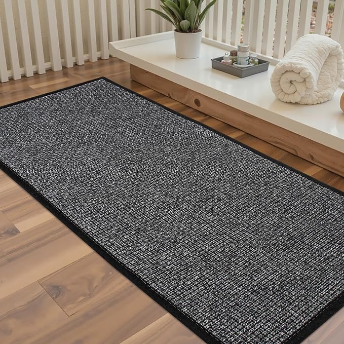 Long Bathroom Rugs Runner with Rubber-Backing, Braided Quick Dry Non Slip Bath Mat for Bathroom Floor Bathtub Sink, Woven Ultra Thin Door Mat, Machine Washable 17" x 47" Black&Grey